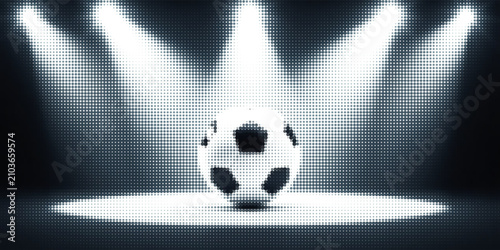 A dramatic soccer ball illuminated by powerful stadium spotlights on a dark stage, created in a bold halftone pop art style.