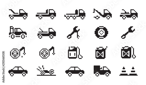 Tableau sur toile Pixel car and truck icons set for breakdown service towing and transport vector