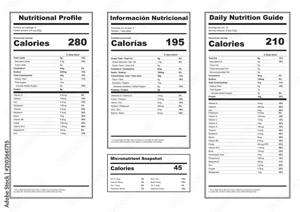 Fototapeta premium Three different nutritional information labels with calorie counts