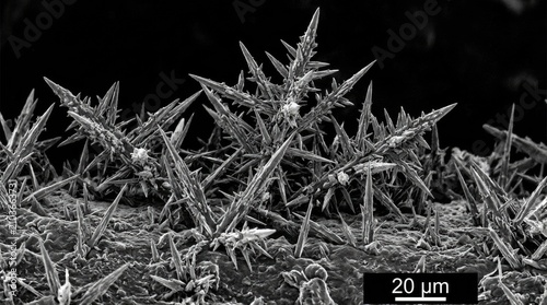 Lithium metal dendrites growing as sharp crystalline structures, on an anode surface, visualizing battery electrode degradation via scanning electron microscopy, demonstrating crystal growth.