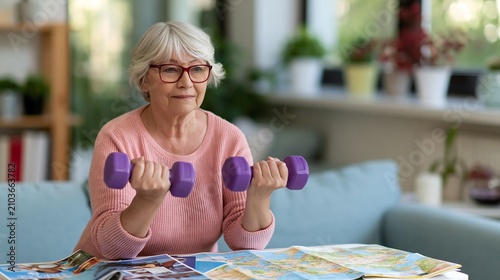 70 Year Old Woman Lifting Weights Indoors in Bright Room