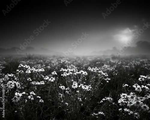 Daisy Flowers in a Foggy Meadow During the Morning