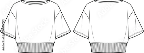 Photos Technical fashion flat sketch of women short sleeve cropped top with ribbed hem