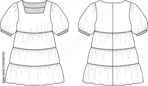 Bild auf Leinwand Technical fashion flat sketch of women tiered babydoll dress with square necklin