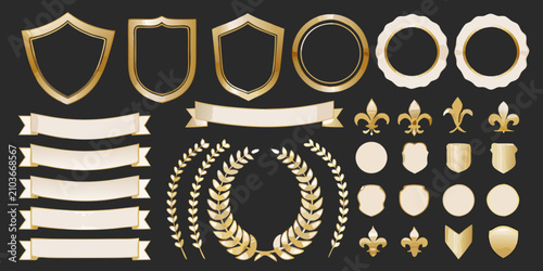 Foto gold and black badges shields vector set on dark background ornamental frames fl