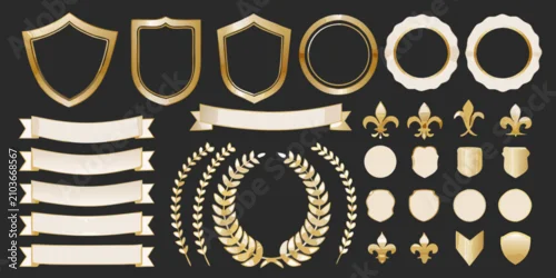 Obraz gold and black badges shields vector set on dark background ornamental frames fleur de lis ribbons laurel wreath emblems design elements decorative