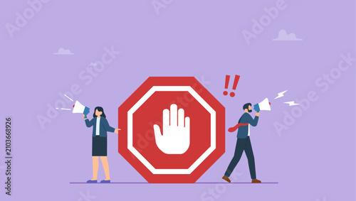 Fényképezés Business people announce forbidden message with prohibit sign