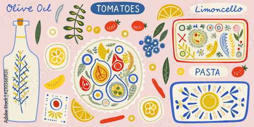 Foto illustration of italian food ingredients on pink background pasta tomatoes olive