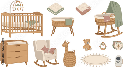Boho Nursery Furniture and Baby Room Decor Vector Set Featuring Crib Bassinet Changing Table Rocking Chair and Toys