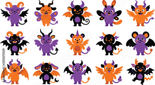 Vászonkép Cute Halloween devils and demons in purple orange and black cartoon characters