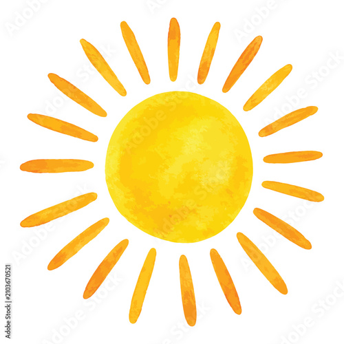 Watercolor sun with orange rays illustration isolated on white background