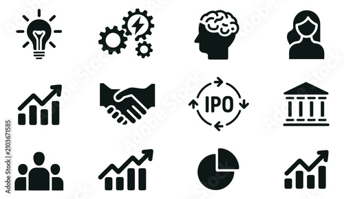 Business And Financial Management Icon Set Showcasing Idea, Brain, Gears, Growth, Handshake, IPO, Bank And Team Vector Illustration Collection.