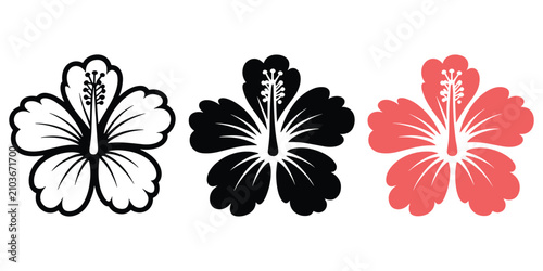 Three hibiscus flower icons: outline, silhouette, and coral color, representing nature and beauty