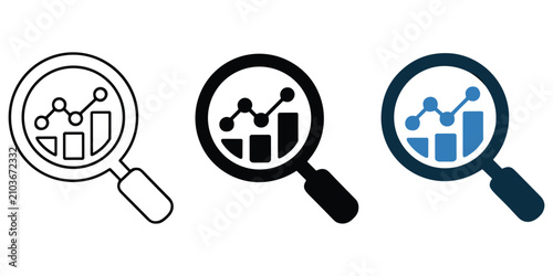 Magnifying glass icon collection featuring bar chart and line graph elements for financial analysis