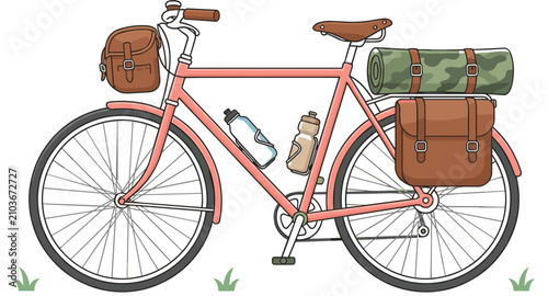 Photos Touring Bicycle Vector Illustration Equipped with Leather Pannier Bags, Water Bo