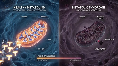 Comparison of healthy metabolism versus metabolic syndrome in human mitochondria cellular energy production.
