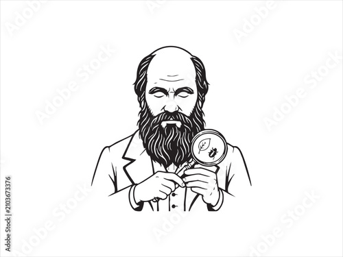 Canvastavla Line art of a naturalist scientist examining a leaf and insect with a lens