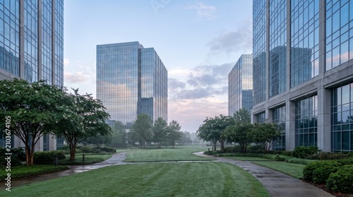 Corporate park with modern glass office buildings in early morning mist 1