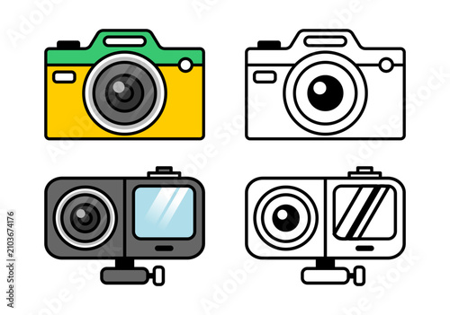 Photo Camera and Action Cam Set, Colorful and Black and White Video Camera Flat Illustration