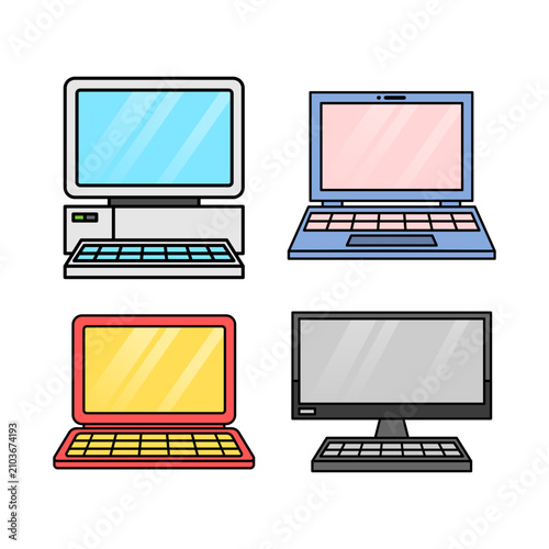 Retro and Modern Computer Laptop Flat Illustration Set, Vintage PC Desktop Monitor Device Vector Illustration