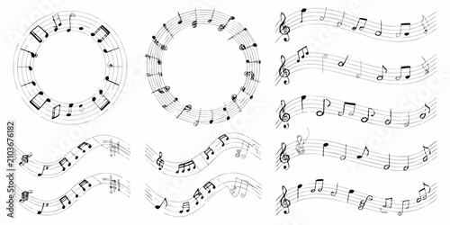 Schilderij op canvas musical notes on curved staffs black and white vector illustration music notatio