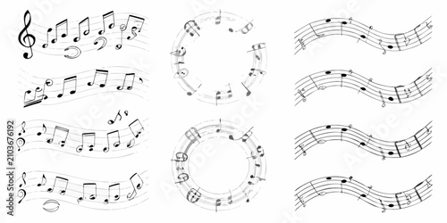 Foto musical notes on staffs in black and white line art music notation clef quavers