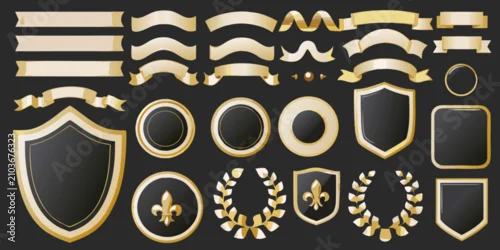 Obraz gold and black badges shields ribbons vector set ornamental fleur de lis laurel wreath emblem design graphic element decorative frame border award
