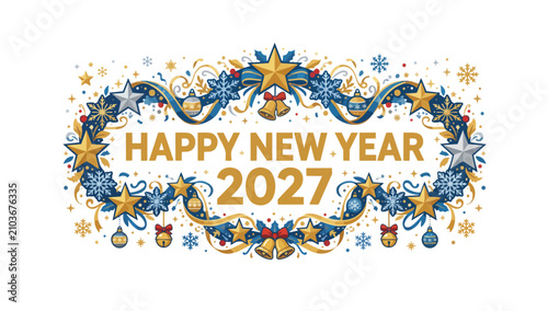 Happy New Year 2027 Festive Banner with Gold Stars, Blue Snowflakes, and Bells Vector Illustration