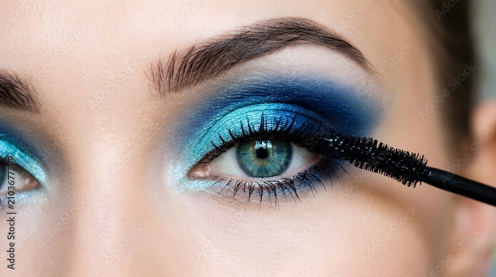 Naklejka premium Close up of eye with vibrant blue eyeshadow and mascara application