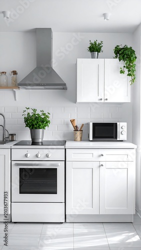 A modern kitchen with white cabinets and appliances
