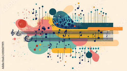 Colorful abstract grunge music background with urban city silhouette wave pattern and splash decoration vector illustration