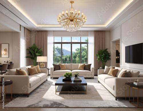 A modern, luxurious living room interior with elegant furnishings and scenic view