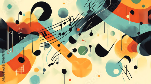 Colorful abstract music background design with musical notes and geometric shapes