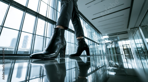A Low-Angle Shot Focusing on the Legs of a Woman in Stylish Professional Attire and Black Ankle Boots Walking in a Modern Office Building