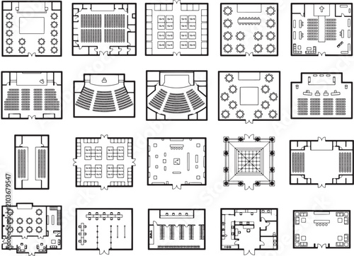 Collection of floor plan layouts for various event spaces, conference rooms, and auditoriums, illustrating seating arrangements and room configurations for diverse gathering needs.