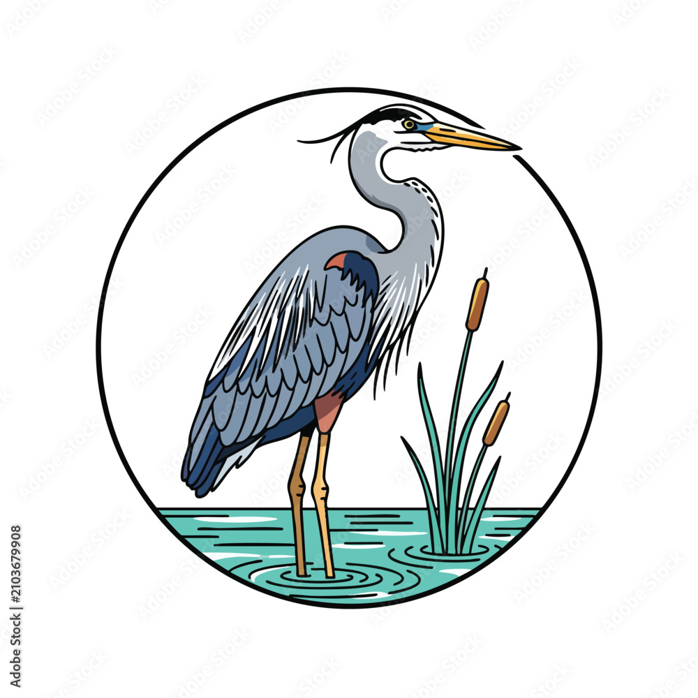 Obraz premium Great blue heron standing in water illustration