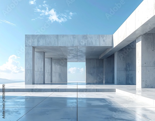 A modern, minimalist concrete structure with rectangular pillars and a blue sky background