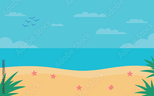 Tropical beach landscape with starfish on sand and blue ocean vector illustration scene. Vector illustration