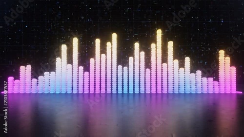 Dynamic audio frequency equalizer visualization with glowing neon bars sound music wave spectrum amplitude