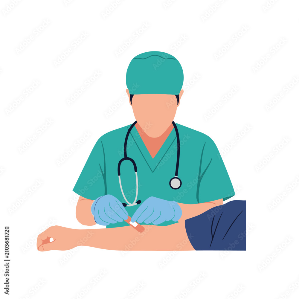 Fototapeta premium Vector illustration of a professional healthcare provider applying a sterile gauze bandage to a patient's arm, depicting wound care and medical treatment in a clinic setting.
