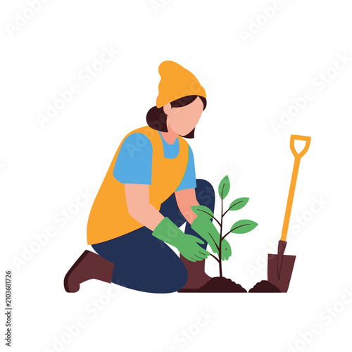 Vector illustration of a diverse community gardener planting young seedlings in a garden bed, depicting urban agriculture, sustainability, and environmental teamwork in a flat design style.