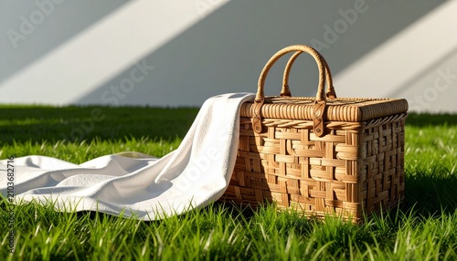 Woven wicker picnic basket with a white blanket on lush green grass in sunny weather