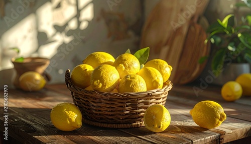 Fresh organic lemons in a rustic wicker basket on a wooden kitchen table with warm sunlight