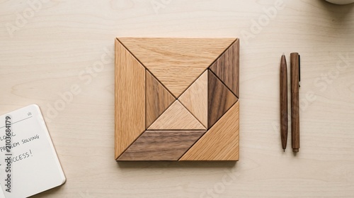 Tableau sur toile Assembled wooden tangram puzzle on desk