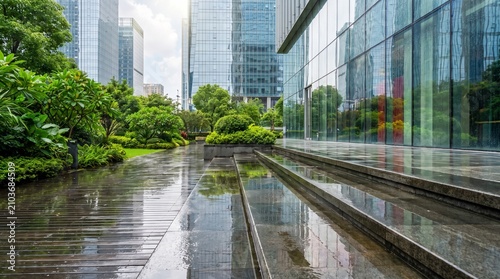 Modern office plaza with lush greenery after rain