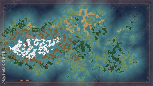 Konstfotografi Hand-Illustrated Fantasy Map with Mountains, Forests and Rivers - Board Game Sty