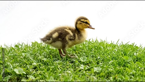 Adorable duckling walking on vibrant green grass with clean white background