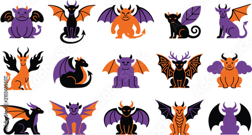 Картината върху платно Halloween Monster Clipart Set in Purple Orange and Black for Party Decoration
