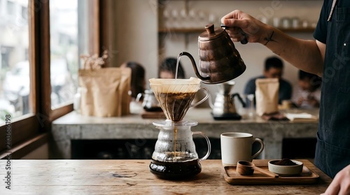 Barista pouring coffee in cafe.