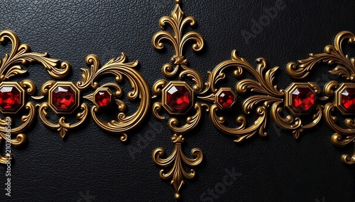Ornate gold filigree border embellished with sparkling red gemstones on textured black leather